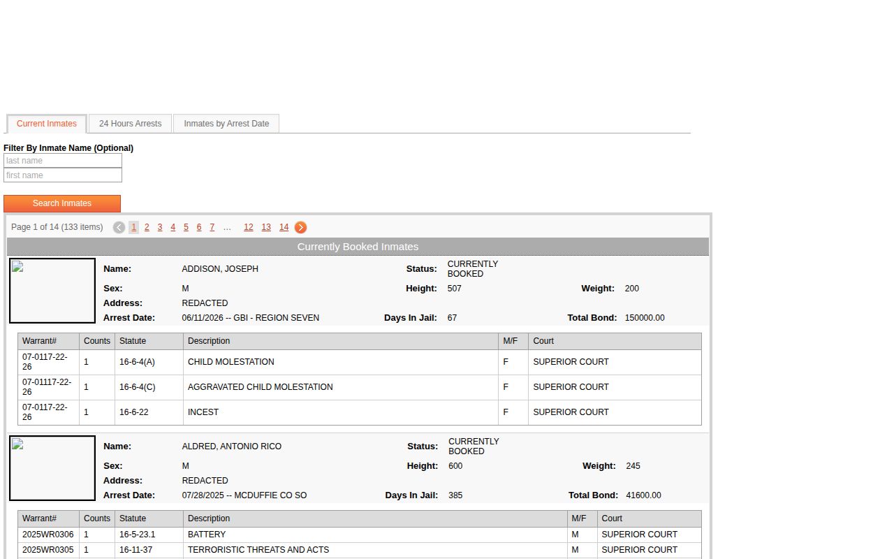 McDuffie current host jail roster with Glascock County booking fields