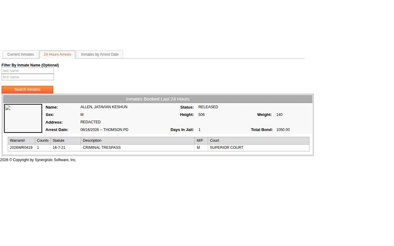 McDuffie host jail last 24 hours booking feed for Glascock County records