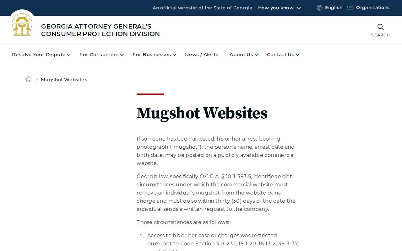 Georgia Attorney General mugshot law and removal guidance