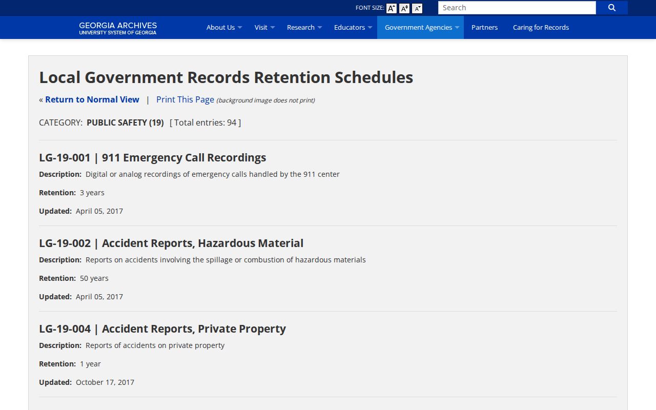 Georgia Archives local public-safety retention schedule for warrant records
